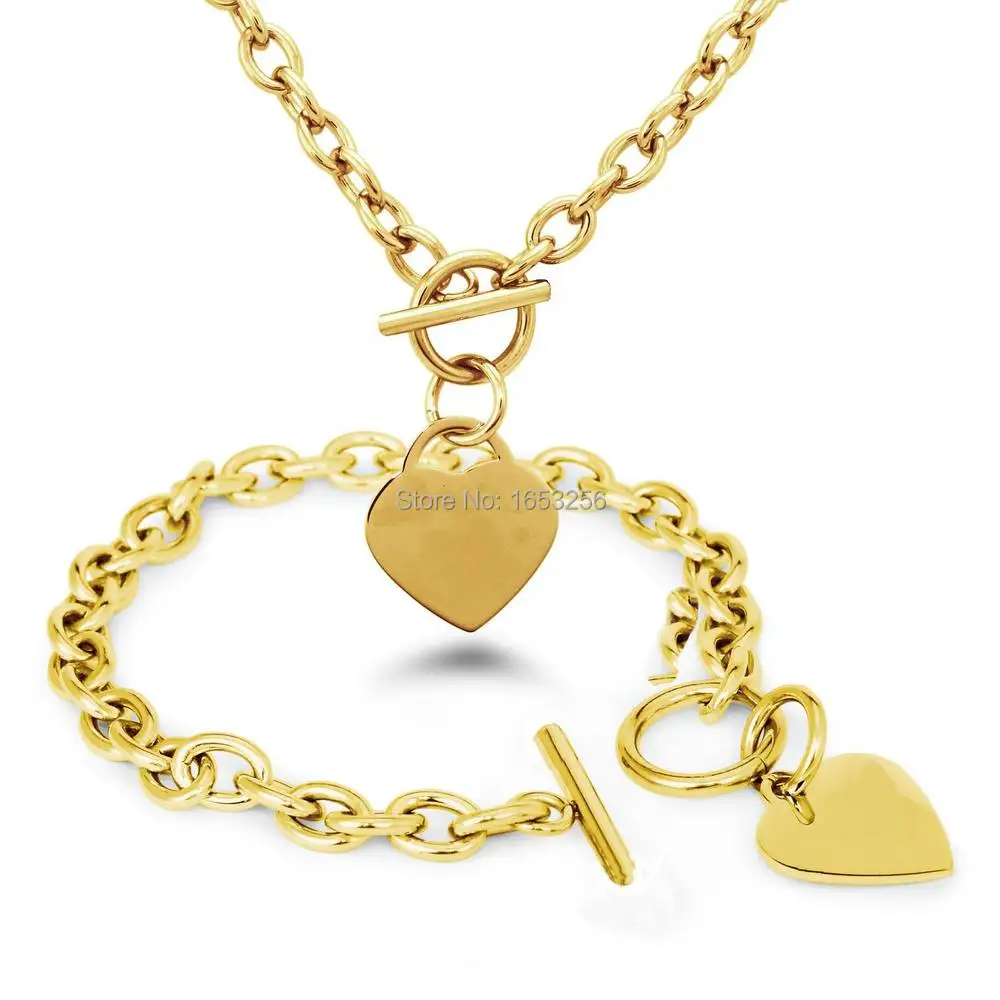 

One Set Gold Stainless Steel Shiny Love Icon Heart Tag Necklace & Bracelet Matching Jewelry Set For Women Gifts
