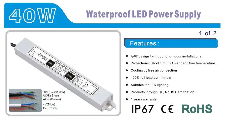 12 В 40 Вт светодиодный водонепроницаемый источника питания IP67 Драйвер, DC12V Алюминий AC 110 В 220 В до 12 В светодиодный драйвер Освещение трансформатор для светодиодные