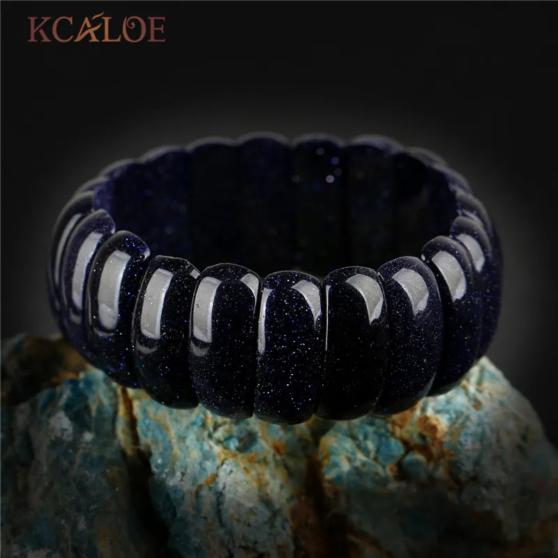 

KCALOE High Quantity Natural Stone Bracelet Blue Sand Stone Semi-Precious Stones Elasticity Wide Bangles Bracelets For Women
