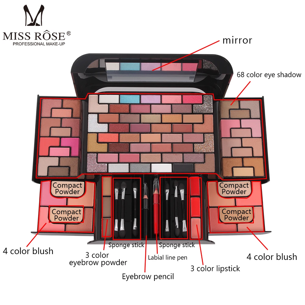 

MISS ROSE 68 Color Eyeshadow Palette Waterproof 8 Color Blush 4 Color Powder 3 Color Eyebrow Powder Lipstick Makeup Set Cosmetic