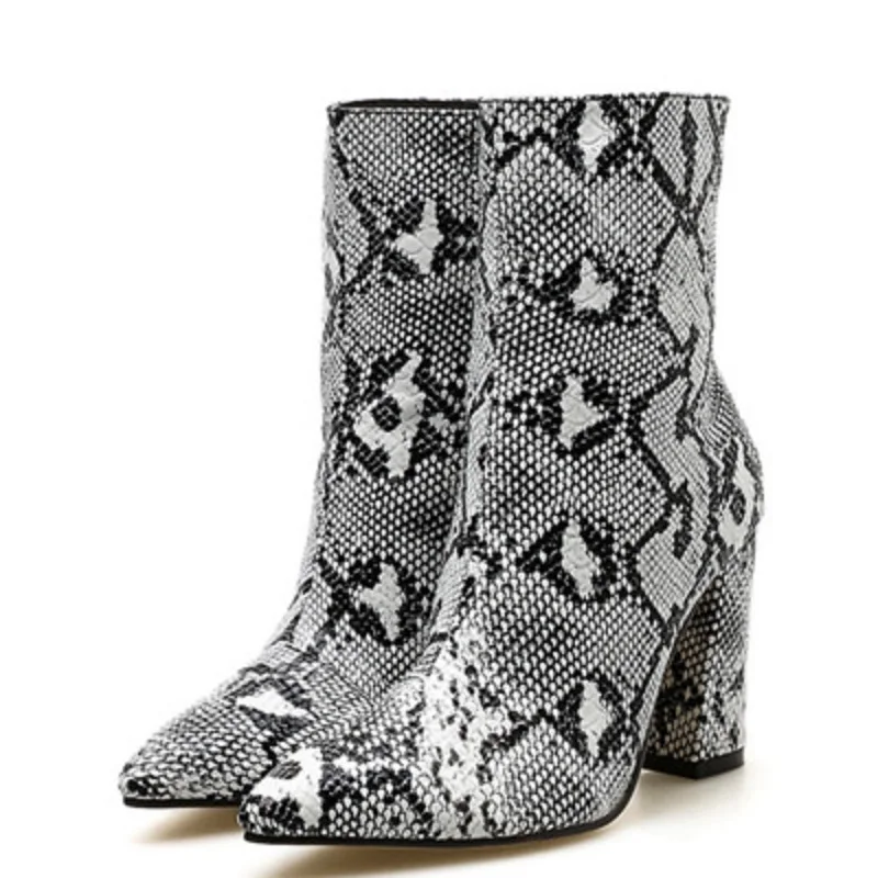 

MoBeiNi New Female short boots autumn and winter new snake pattern pointed elastic mesh riding equestrian pointed toe leopard