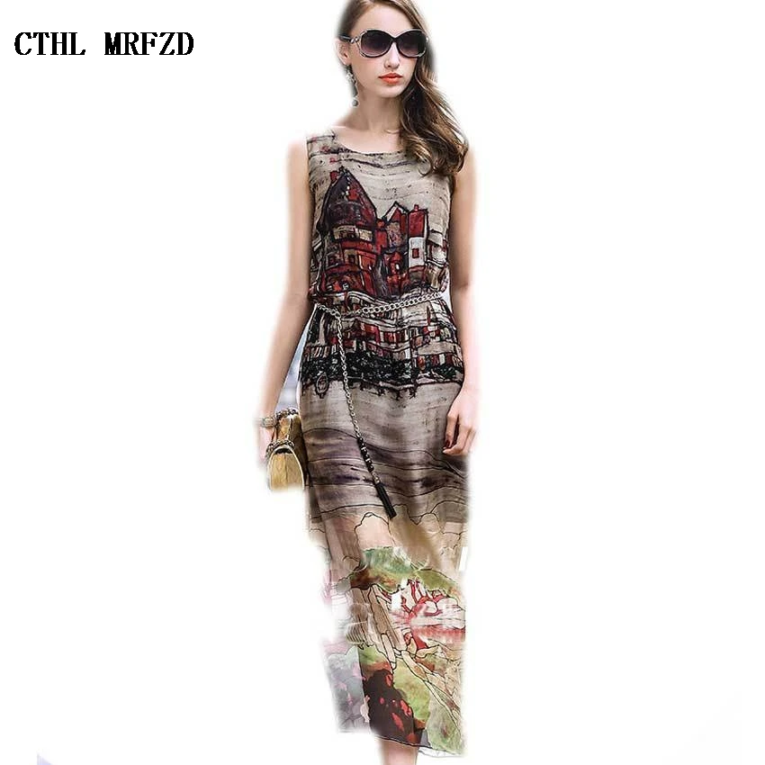 

2018 Summer Style Vintage Houses Print Long Dress Fake Silk Chiffon Side Split Sleeveless Retro Bohemia Full Beach Dress