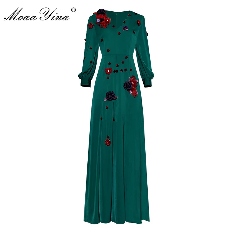 

Moaa Yina Fashion Designer Runway dress Spring Women Dress V-neck Lantern Sleeve Applique Crystal Prom Party Elegant Dresses