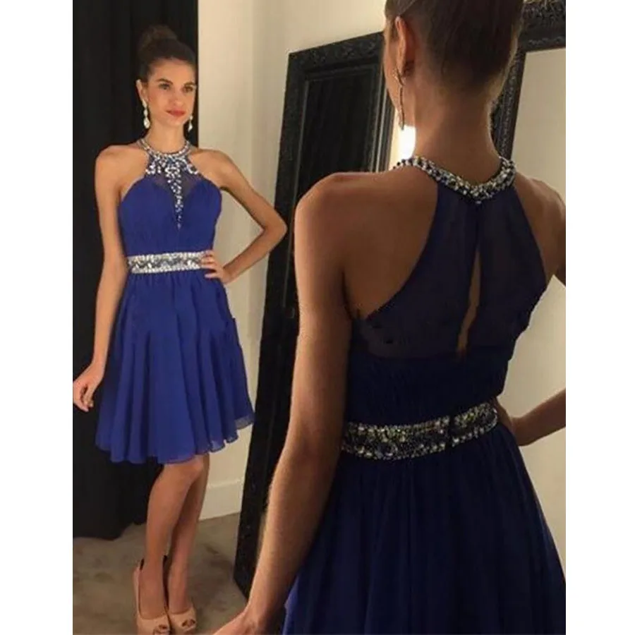 Elegante azul real cortos vestidos fiesta con cuentas cabestro gasa vestido de fiesta vestido de fiesta dress 2017 barato graduación dress hc115|cheap graduation dress|graduation dresses cheapbeaded halter dress - AliExpress