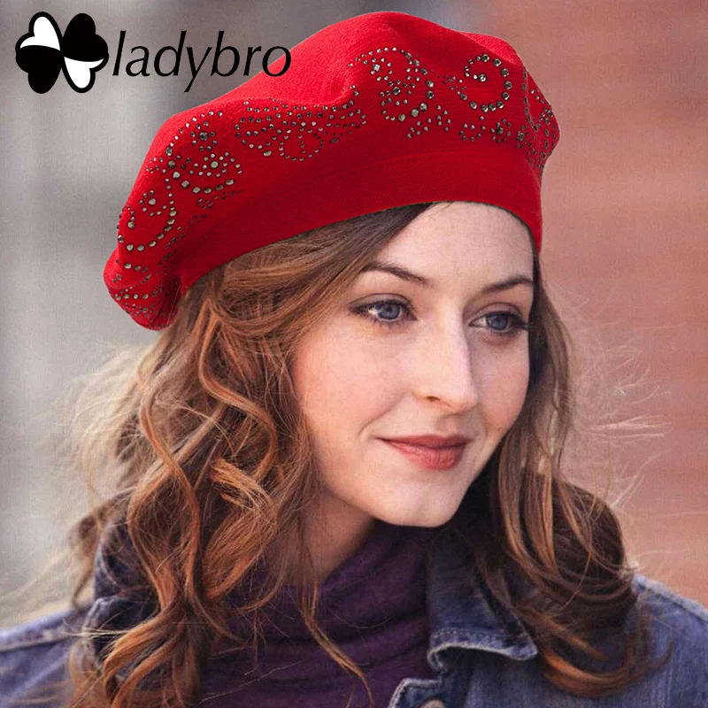 Ladybro для женщин Берет шерстяной шляпа осень зима шапка женская 2 слоя Стразы
