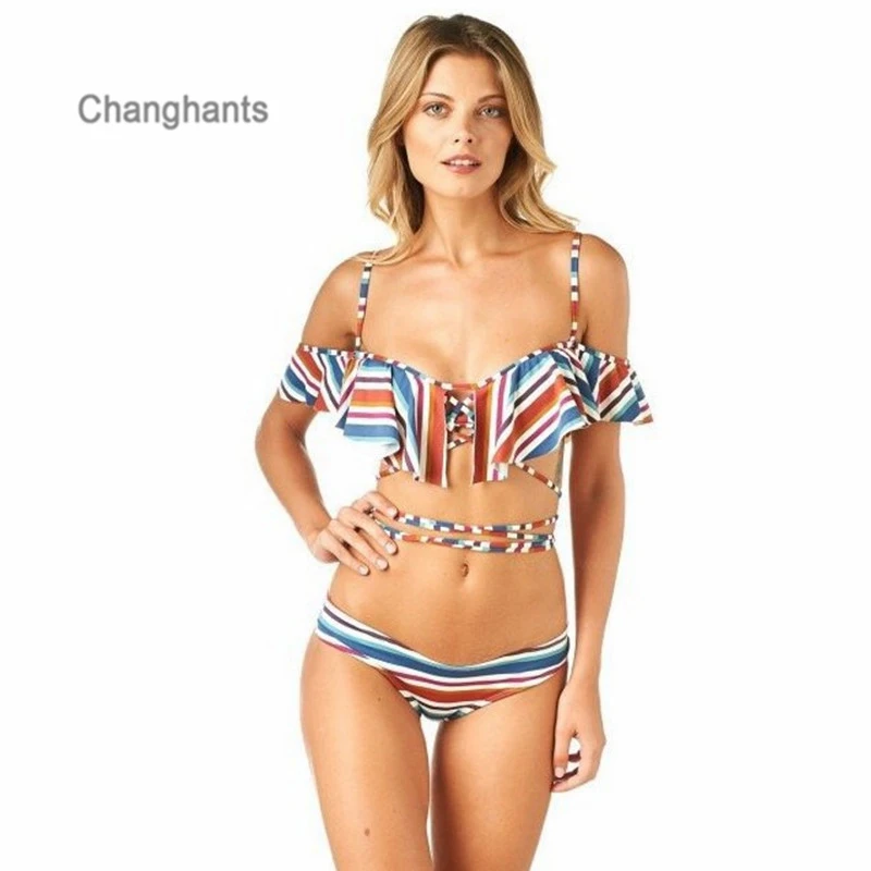 

New Model Sexy Women Bikini Set Off Shoulder with Frilling Swimsuit Swim Two Pieces Flat Swimwear Biquini Bathing Suit