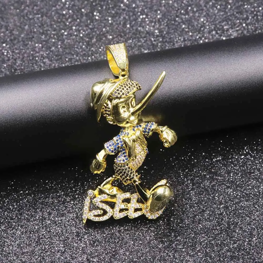Pinocchio мультфильм аниме персонаж кулон с веревкой цепь золото серебро Bling кубический циркон мужская хип хоп ожерелье ювелирные изделия подарок - Окраска металла: Gold Color