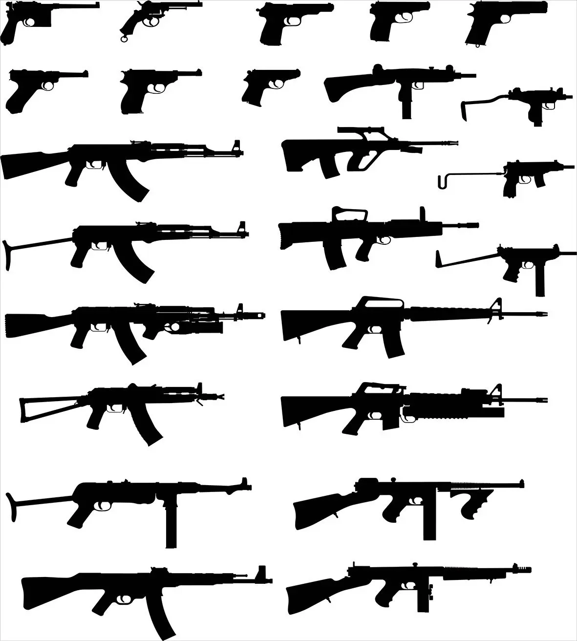 Military Duvet Cover Set Silhouette of Various Size Guns Weapons Pistols Revolvers War Army Power Concept, 4 Piece Bedding Set