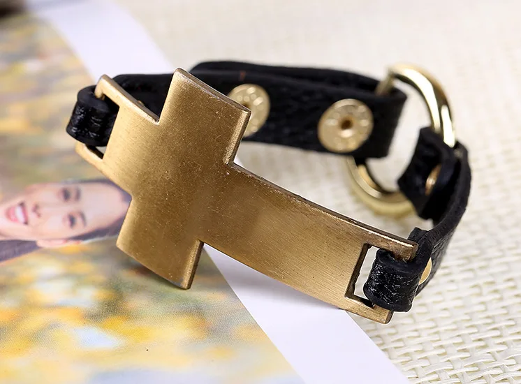 Черный Браслет из натуральной кожи с золотым крестом в стиле панк, популярные ювелирные изделия для женщин, Новое поступление, регулируемые браслеты Pulseras Mujer
