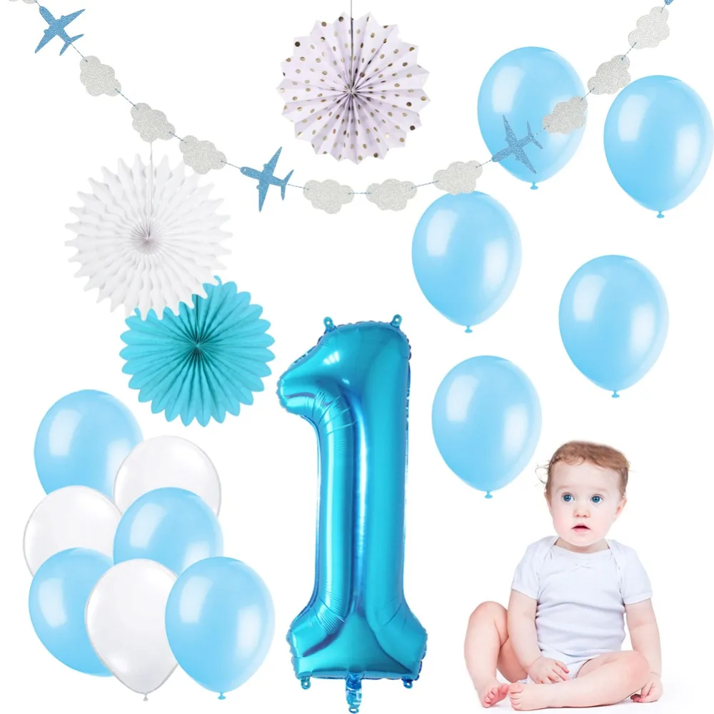 

28pcs/set With I AM ONE Birthday Banner Latex Balloon Paper Rosette Fans For Baby Shower Boy Kids 1st Birthday Party Decorations