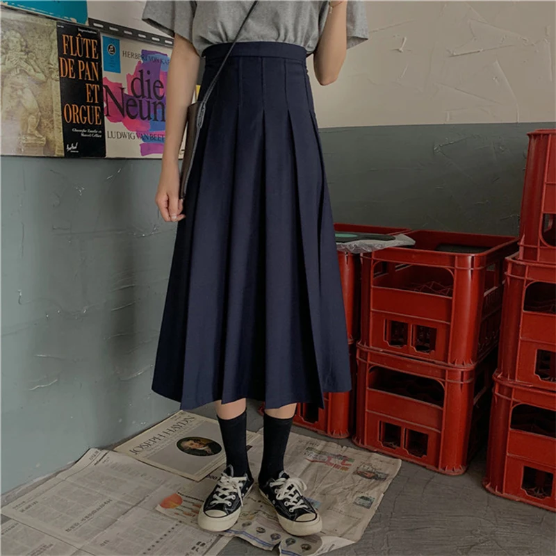 

Navy Blue Chic Pleated Skirt Women Plus Size Long Skirts Summer High Elastic Waist Korean Vintage Harajuku School Maxi Skirts