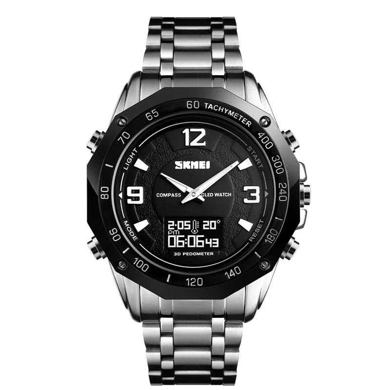 Роскошные спортивные часы для мужчин калорий Шагомер Секундомер наручные часы водонепроницаемые военные часы компас термометр цифровые часы - Цвет: Silver
