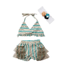 Летний кружевной купальник из двух частей для девочек, детский купальник, пляжная одежда с рюшами, комплект бикини, купальный костюм, танкини, купальный костюм