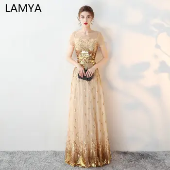 

LAMYA 2019 Gold Sequins Elegant Long Evening Dresses Short Sleeve Prom Party Dresses O Neck A Line Formal Gown Robe de Soiree