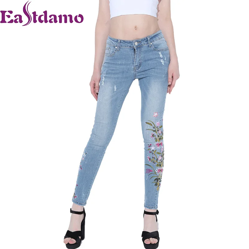 Eastdamo Boyfriend BF Jeans For Women Embroidery Retro Flower Jeans