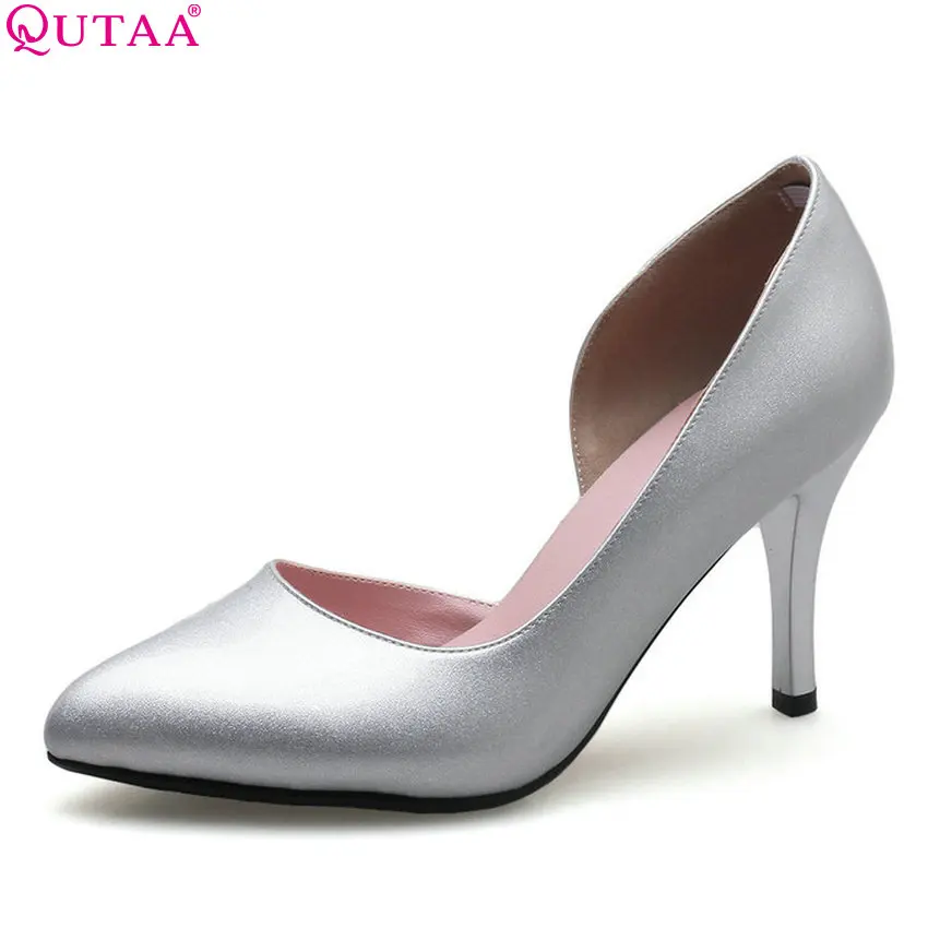 

QUTAA 2018 Women Pumps Pointed Toe Casual Women Shoes Thin High Heel Shallow Pu Leather Slip on Women Wedding Shoes Size 34-43