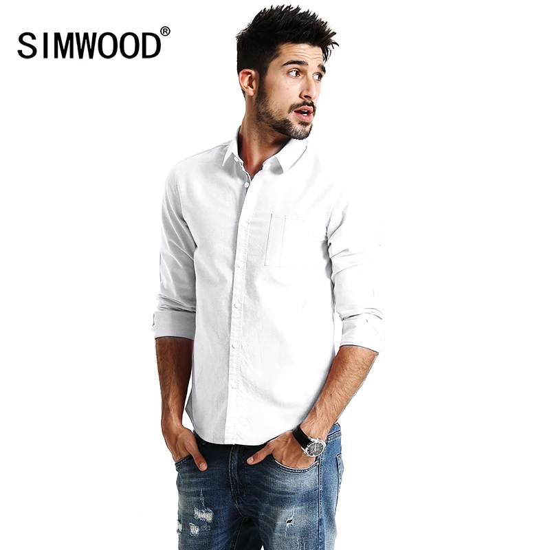 Meilleur SIMWOOD 2019 Nouveau printemps Casual Chemises Hommes Manches Longues 100% Pur Coton Slim Fit Plus Taille Haute Qualité Oxford Sergé chemise CS1597