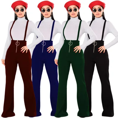

Women Fashion Long Pants High Waist Zipper Flare Overalls Pants Femme Suspenders Trousers Pantalon Mujer