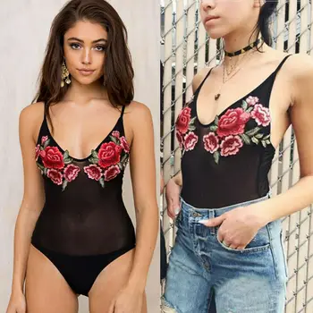 

Sexy Women Lady Fashion Bodysuit Leotard Sleeveless Floral Embroidery Design Bodycon Summer See Through Club Jumpsuit Playsuit