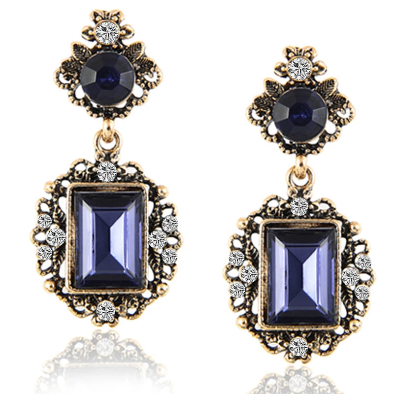 

E0242 Vintage Royal Blue Crystal Rhinestone Drop Earrings Fashion Geometry Round Dangle Earrings For Women Wedding Party Jewelry