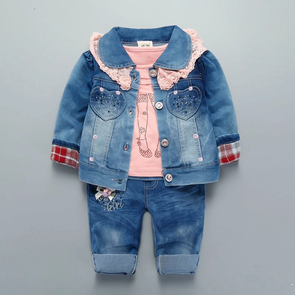 ФОТО 3 Pcs Set Baby Girls Clothes Sets  Coat+Pants+T Shirt  Toddler Clothing Kids Jeans Set Long Trousers Jacket For Spring Autumn
