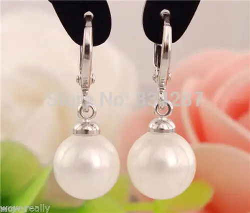 

New 12MM White South Sea Shell Pearl Silver Leverback Dangle Earrings