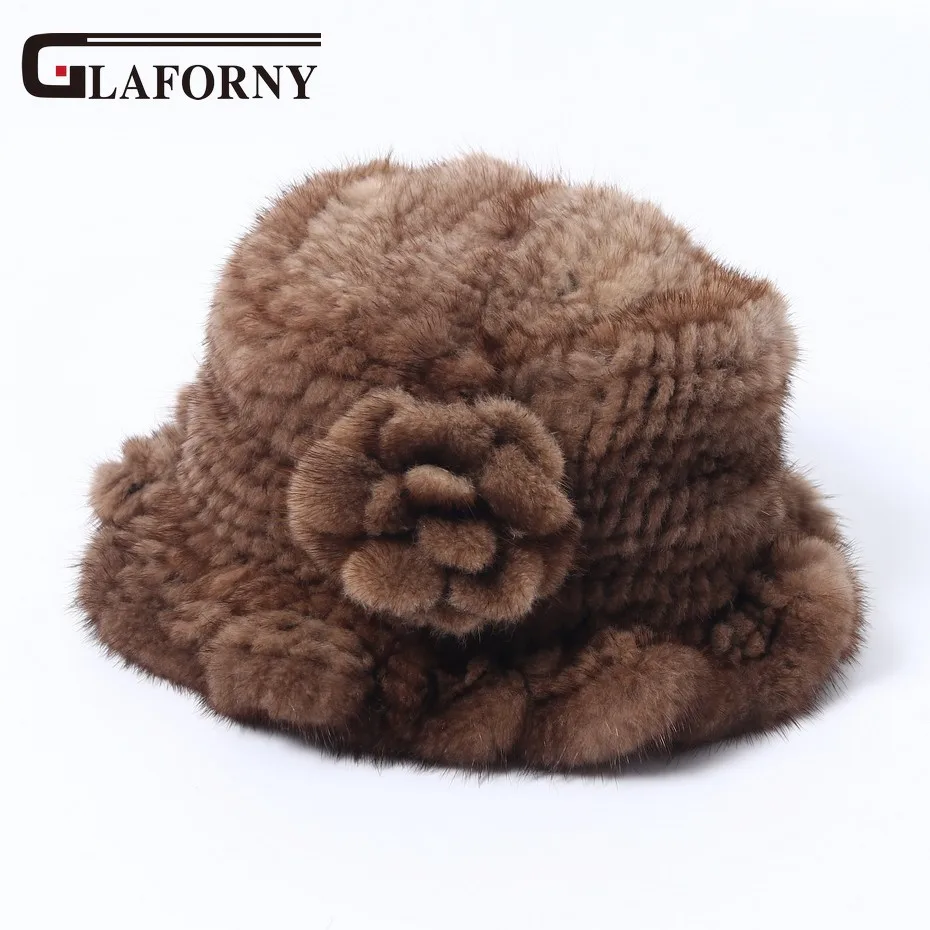 

Glaforny 2018 Real Mink Fur Hats Women Winter Fur Beanies with one Flower Fashion Genuine Mink Fur Caps Lady