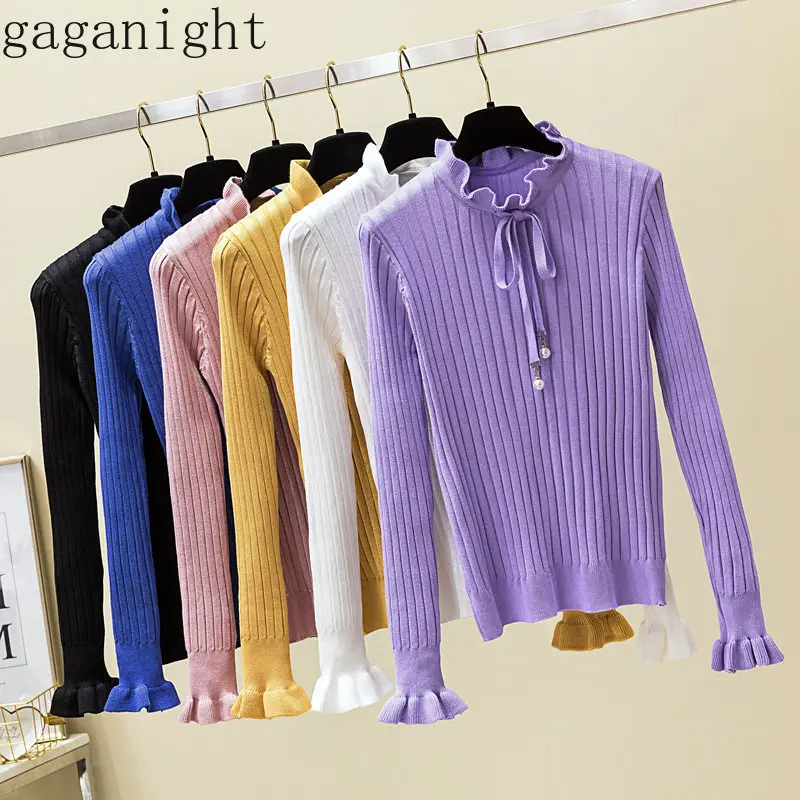 

Gaganight Bow Beading Elegant Women Sweater Autumn Winter Pleated Ruffle Jumper Turtleneck Pullovers Knitted Elastic Pull Femme