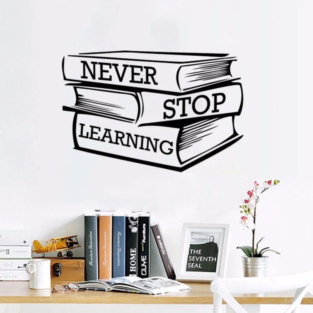 Наклейка на стену для учебников с надписью «Never Stop Learning», Мотивационная цитата, наклейка на стену для библиотеки, классный декор, виниловая роспись, AY1689