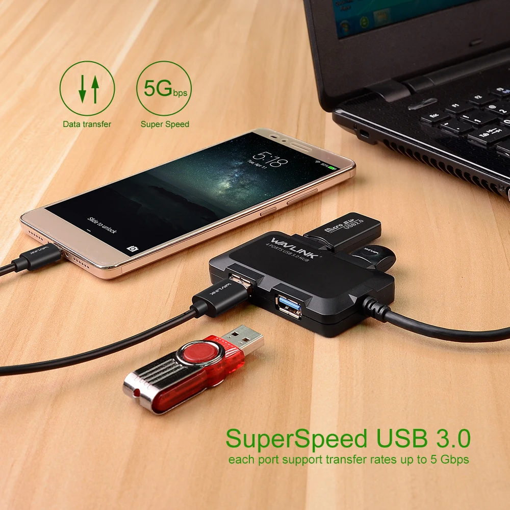 Wavlink 4 порта USB 3,0 концентратор Мини Портативный Суперскоростной компактный usb-хаб адаптер несколько док-станция для Windows Mac OS таблетки для ноутбука