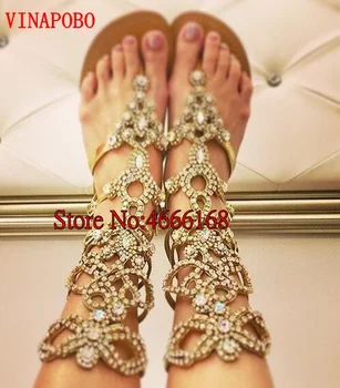 

Vinapobo Summer Flats Gladiator Sandals Gold Rhinestone Knee High Buckle Strap Woman Boots Bohemia Style Crystal Beach Shoes
