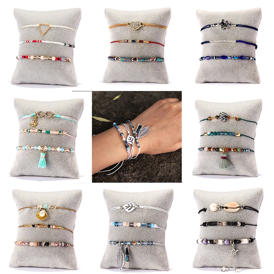 

3Pcs/Set Bohemian Bracelet Sets Triangle Cutout Crystal Rice Beads Elastic Adjustable Bracelet Set for Women Vintage Jewelry