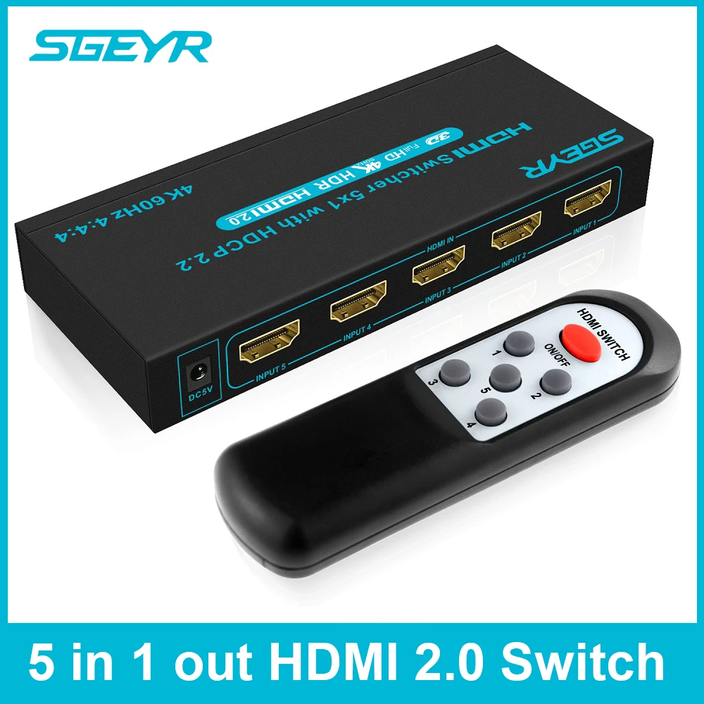 HDMI Switch SGEYR 5x1 5 Port HDMI 2.0 Switch Switcher 5 in 1 Out HDMI Switch 5 to 1 4Kx2K/60Hz HDCP2.2 with IR Remote HDMI Switch SGEYR 5x1 5 Port HDMI 2.0 Switch Switcher 5 in 1 Out HDMI Switch 5 to 1 4Kx2K/60Hz HDCP2.2 with IR Remote
