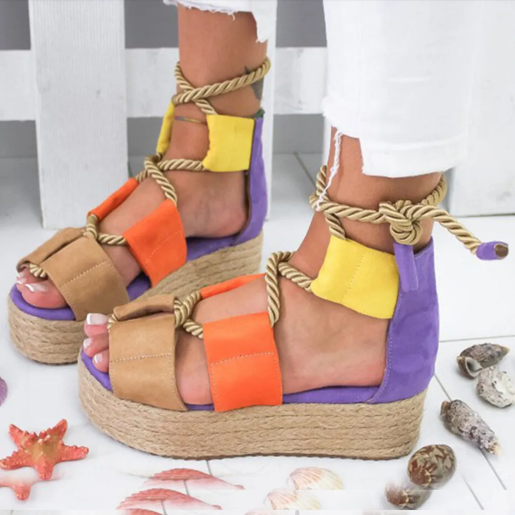 

Summer Mixed Colors Open Toe Wedges Shoes Fashion Ladies Thick Bottom Beach High Heels Platform Sandals Ankle Hemp Roap Lace Up