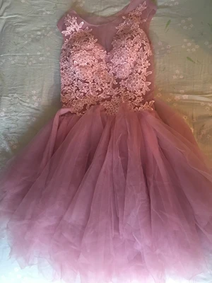 AXJFU, розовое, кружевное, иллюзионное вечернее платье, Robe De Soiree, короткие, с круглым вырезом, вечерние платья, серое, кружевное, короткое, вечернее платье, es, розовое, Размер 2 - Цвет: Rose pink