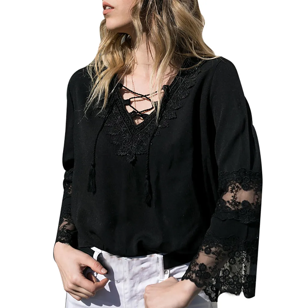 

FREE OSTRICH Women T Shirts V-neck Flared Long Sleeve Lace Stitching Chiffon Black Vogue Elegant Noble Winter T-Shirt For Women