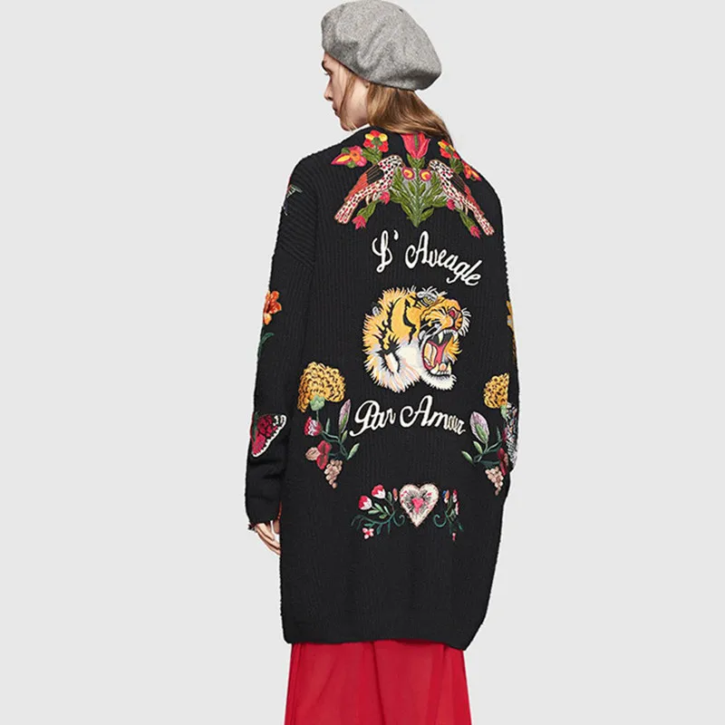 Best Price Long Retro Elegant Embroidered Sweater Cardigan Autumn 2016 Female Casual Fashion Women Sweater Coat Embroidered Flowers Tiger