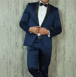 2018 последние конструкции пальто брюки темно-синий Атлас Черный нагрудные смокинги формальные мужские костюмы для свадьбы Вечеринка шоу на