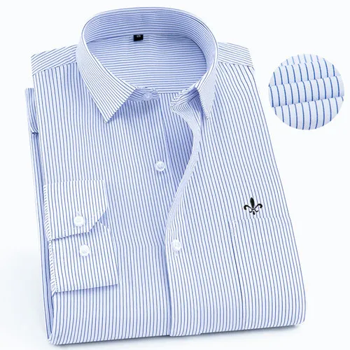Мужская рубашка с длинным рукавом Camisa Social Masculina, классические мужские рубашки, официальная деловая рубашка с вышитым логотипом - Цвет: 1-489BLUE-T