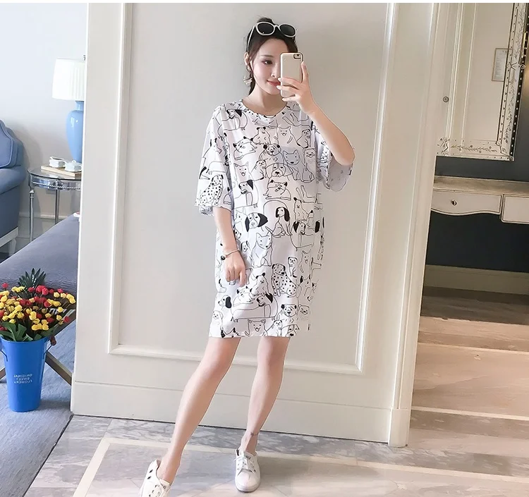 Afei Tony Maternity платье для женщин с мультяшным принтом и круглым вырезом, короткий рукав, ночная рубашка для беременных, повседневная одежда, летнее платье для беременных