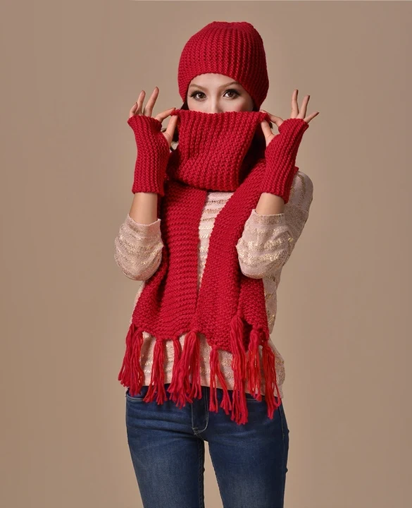 Новая модная, вязаная Лыжная шапочка, шапка, шарф, перчатки, набор зимних шарфов, комплект из 3 предметов, женские шапочки горрос - Цвет: red