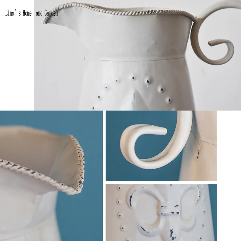handmade white retro vintage metal watering can flower vase (6)