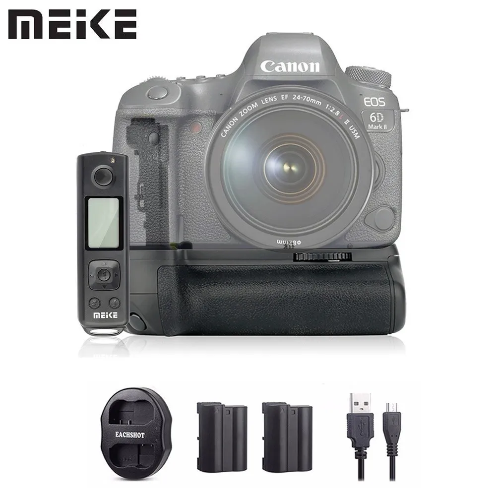 

Meike MK-6D2 Pro Battery Grip+2*Battery+Dual Charger Built-in 2.4G Remote Control for Canon 6D Mark II As BG-E21
