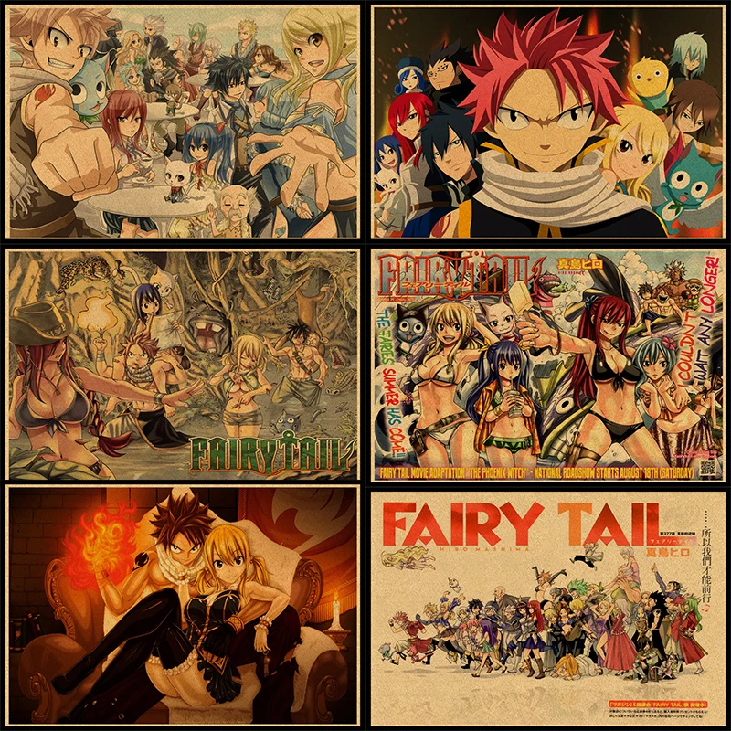 

Wall Sticker Vintage Anime Fairy Tail Poster Bar Kids Room Home Decor Cartoon Comics Retro Kraft Paper Wall Decals No frame