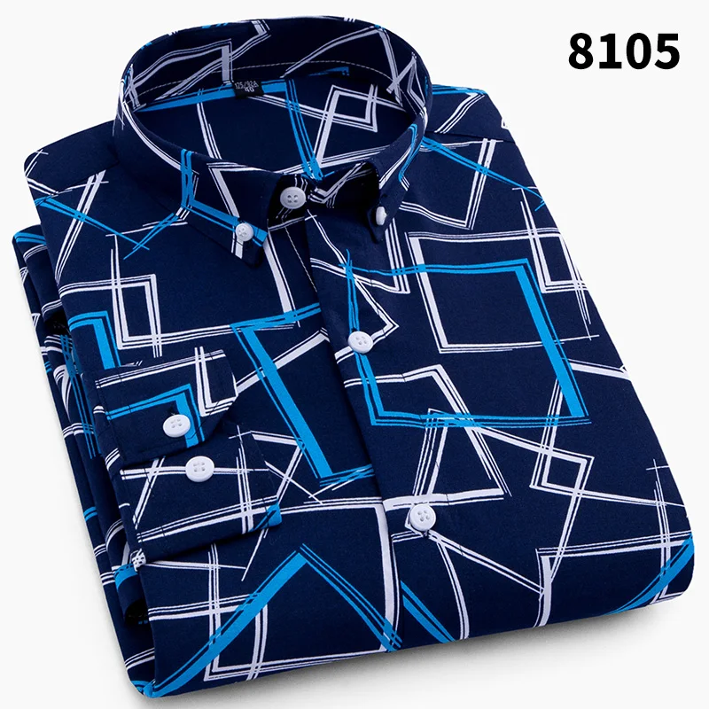 Весенняя рубашка с принтом, Мужская брендовая повседневная одежда, мужская классическая рубашка с длинными рукавами с геометрическим рисунком, нестандартная приталенная рубашка, полиэстер, рубашка для отдыха, xl - Цвет: 8105
