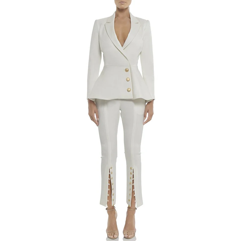 Gosexy 2018 New Women White Two Piece Sets Office Lady V-Neck Sexy Set Single Breasted Long Sleeve Full Length Pants Fashion