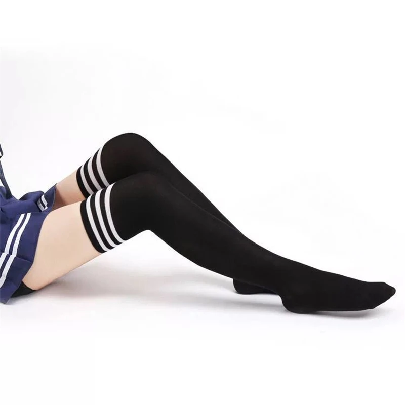 Yufeila japaness ученический пенал черный хлопок эластичный боковой полосой бедра-higs чулок японский стиль носок колготы сексуальный - Цвет: white stripe black