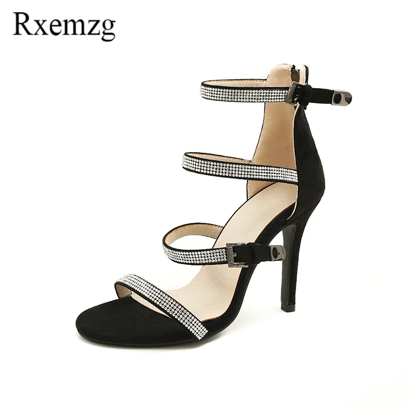 

Rxemzg big size 33-43 sexy high heels shoes woman sandals fashion rhinestone zipper pumps open toe thin heels gladiator sandals