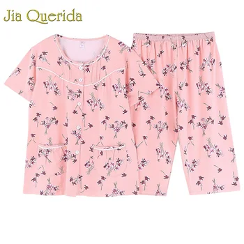 

100% Cotton Pajama Women Pink Floral Printing Pjs 2019 Summer Fashion Women's Sleepwear Shorts Set Plus Size 100% Cotton Pajamas