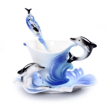 

3D Dolphin Colored Enamel Coffee Mug Cup Bone China Tea Milk Copo Creative Porcelain Drinkware Friend Gift